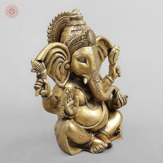 Brass Long Ear Ganesh Seated, Antique Finish 10”