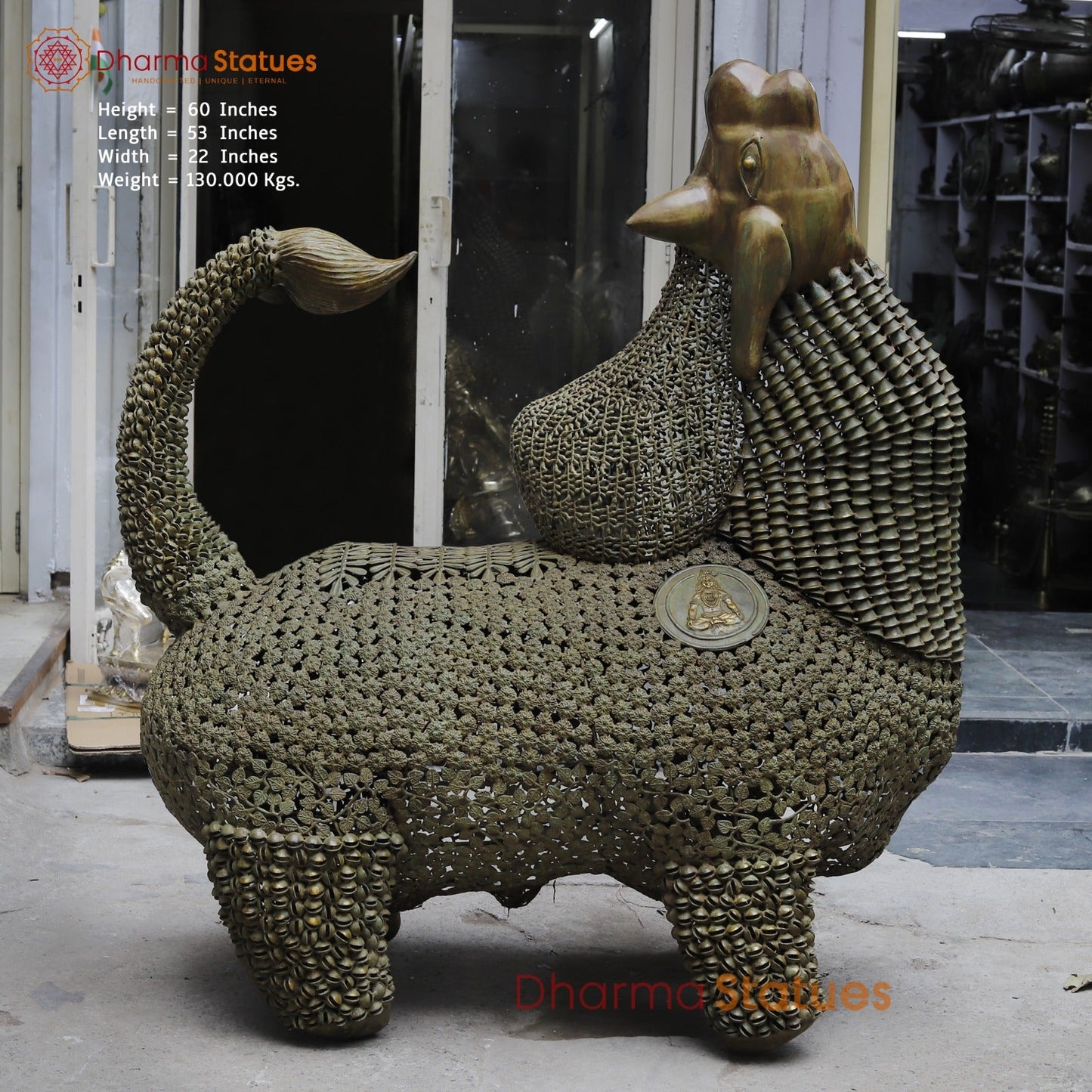 Brass Joyfull Dancing Nandi, Protector of Mount Kailash, Green Patina finish 60”