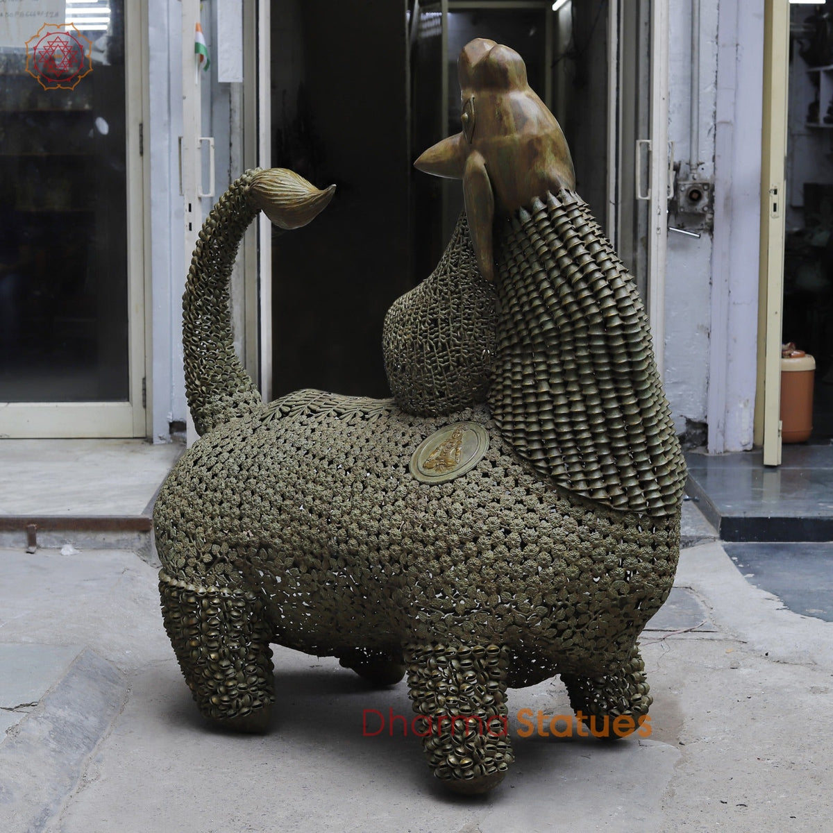 Brass Joyfull Dancing Nandi, Protector of Mount Kailash, Green Patina finish 60”