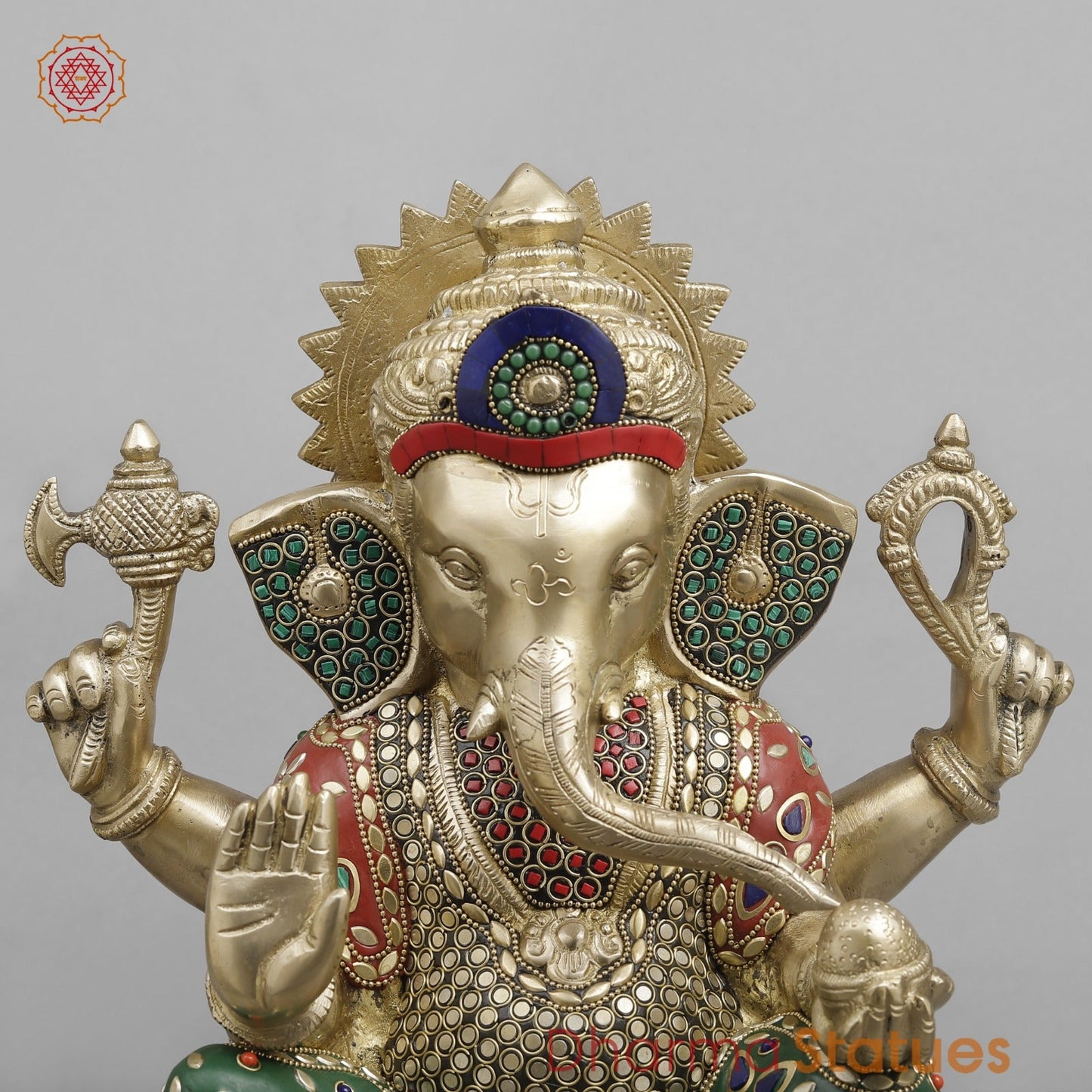 Brass Ganesh Seated fine, Stone work 14.5”