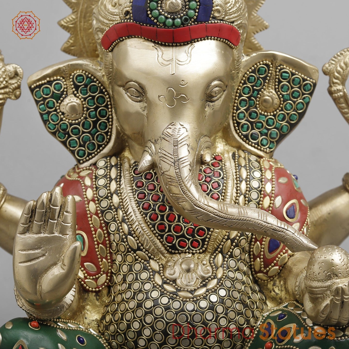 Brass Ganesh Seated fine, Stone work 14.5”