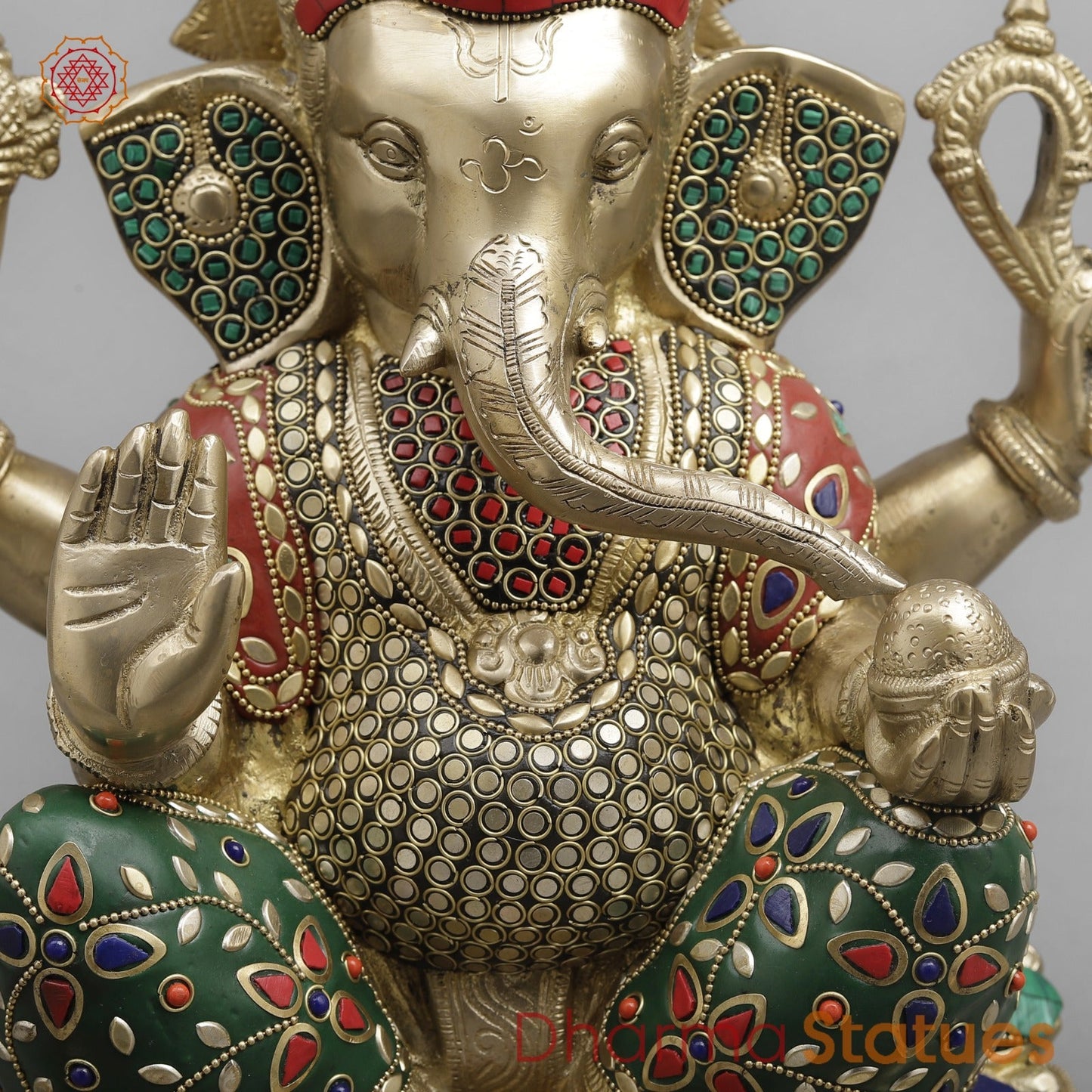 Brass Ganesh Seated fine, Stone work 14.5”
