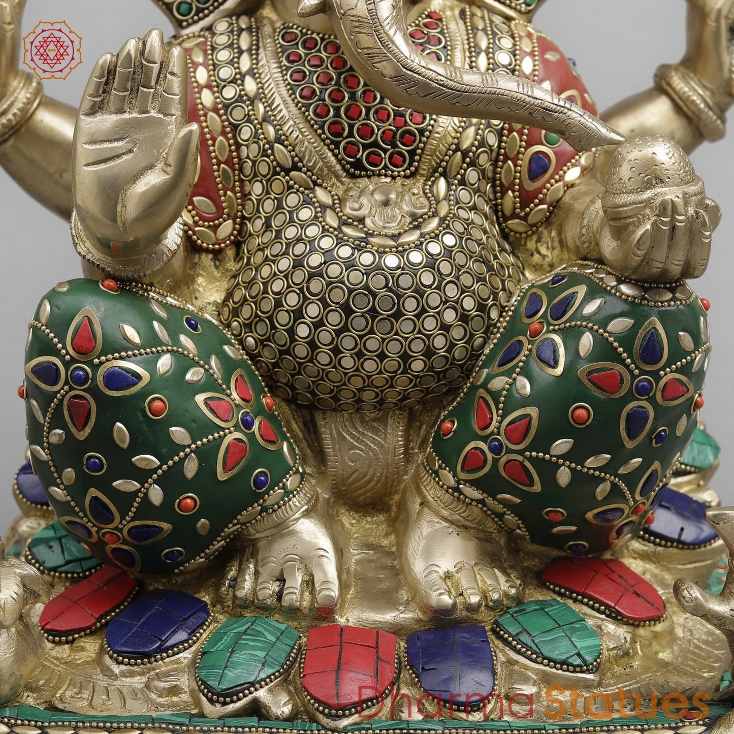Brass Ganesh Seated fine, Stone work 14.5”