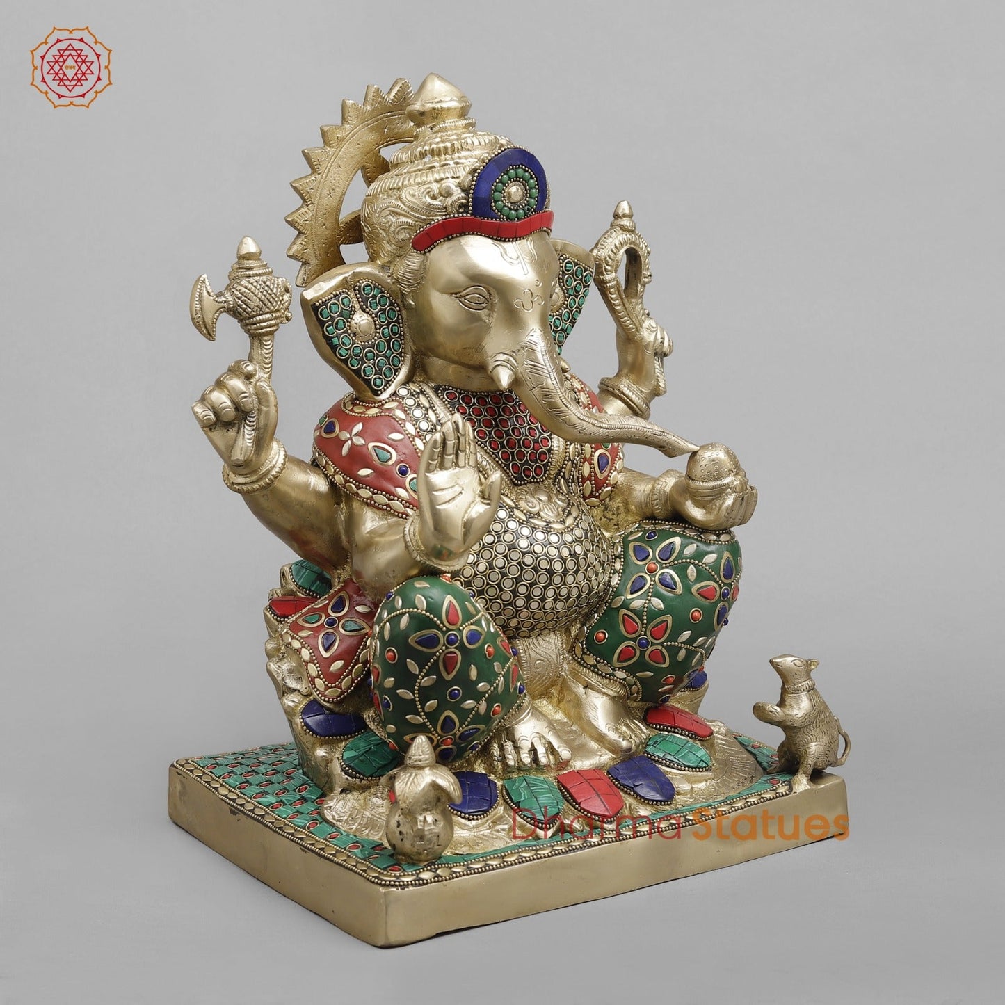 Brass Ganesh Seated fine, Stone work 14.5”