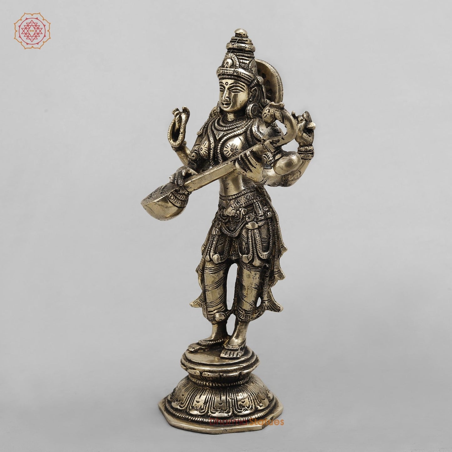 Brass Saraswati standing, Smooth finish 10”