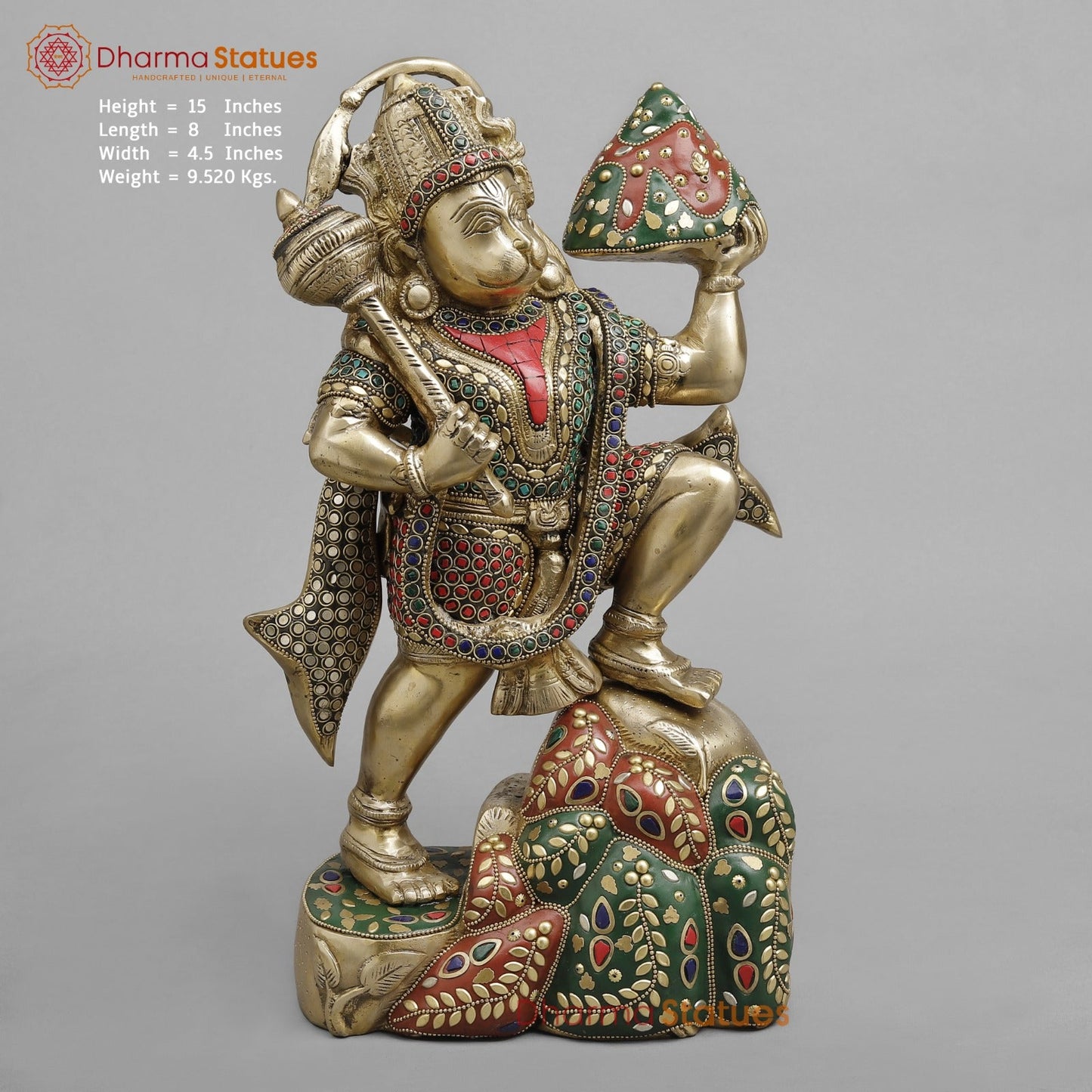 Brass Hanuman ji Standing Lifting mountain, Fine stone Work 15”