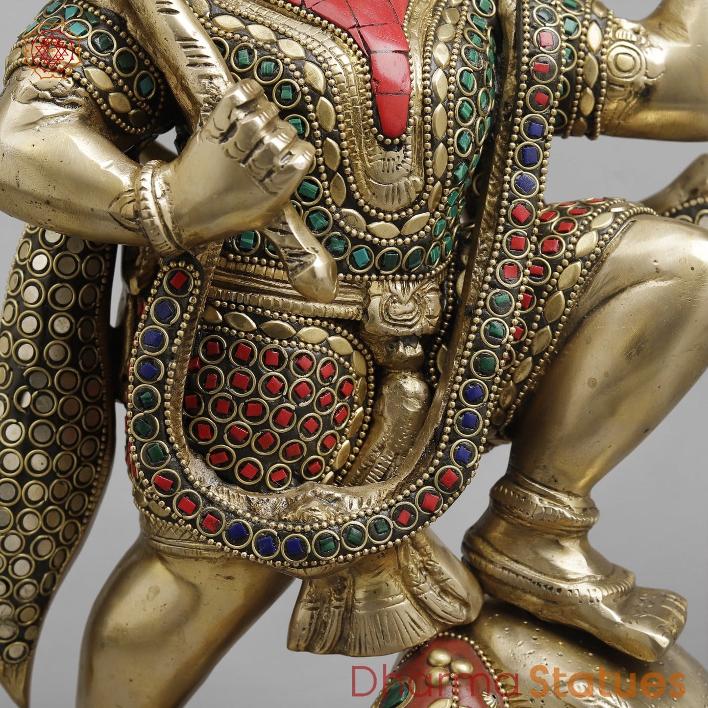 Brass Hanuman ji Standing Lifting mountain, Fine stone Work 15”