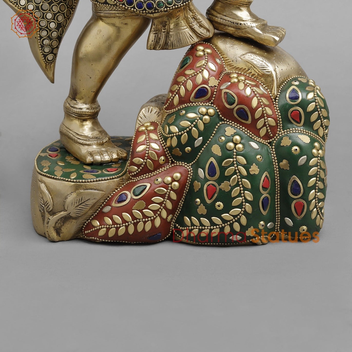 Brass Hanuman ji Standing Lifting mountain, Fine stone Work 15”