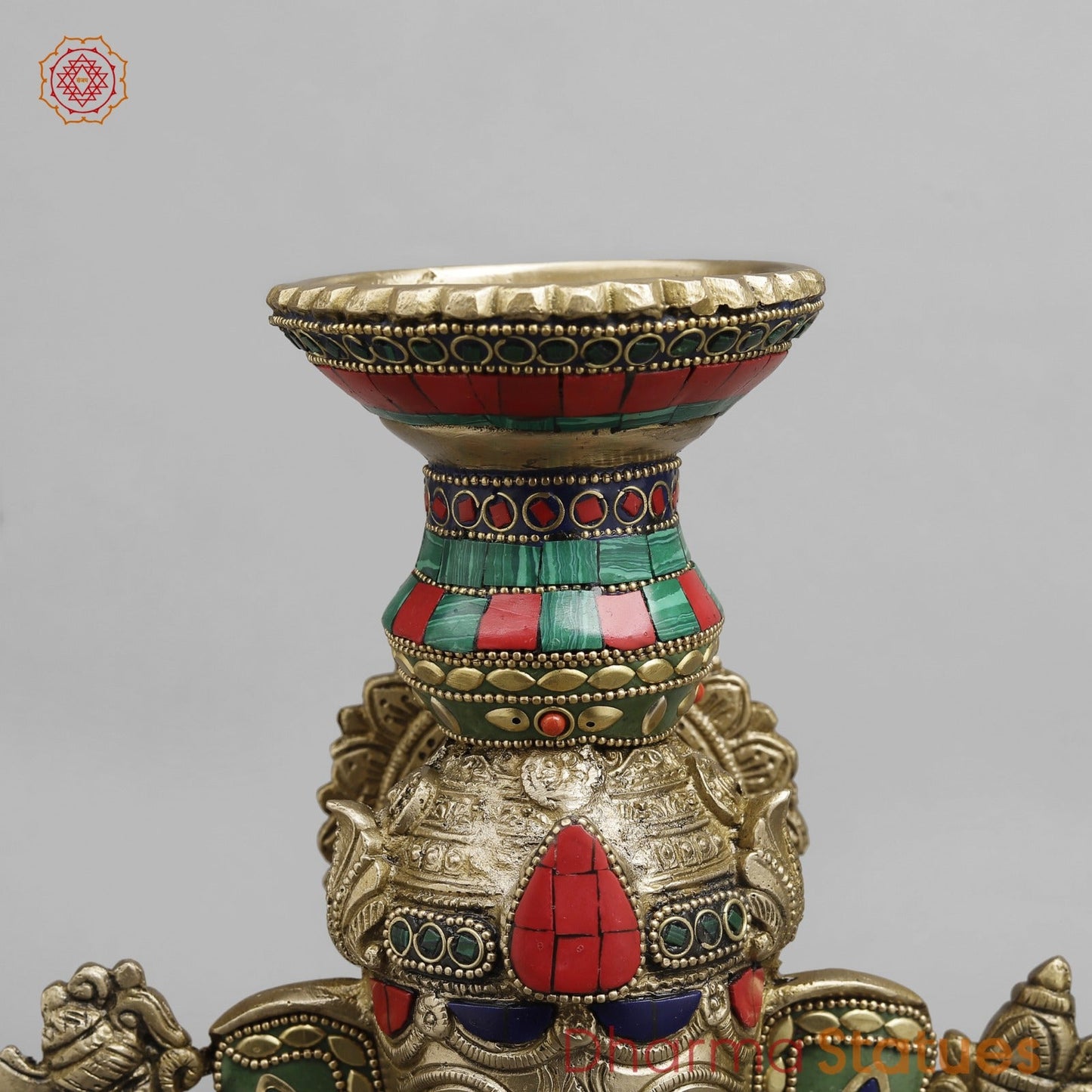 Brass Ganesh Candle Holder, Fine stone work 13”