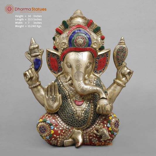 Brass Crown Ganesh, Stone work fine 14”