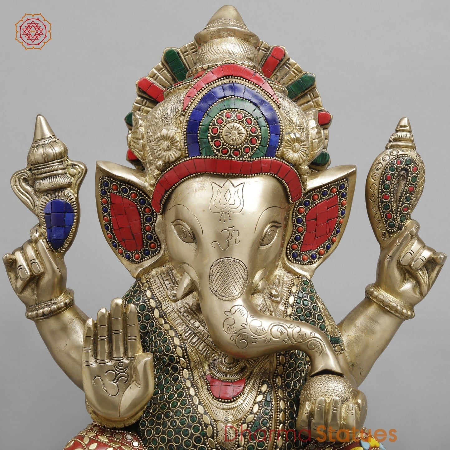 Brass Crown Ganesh, Stone work fine 14”