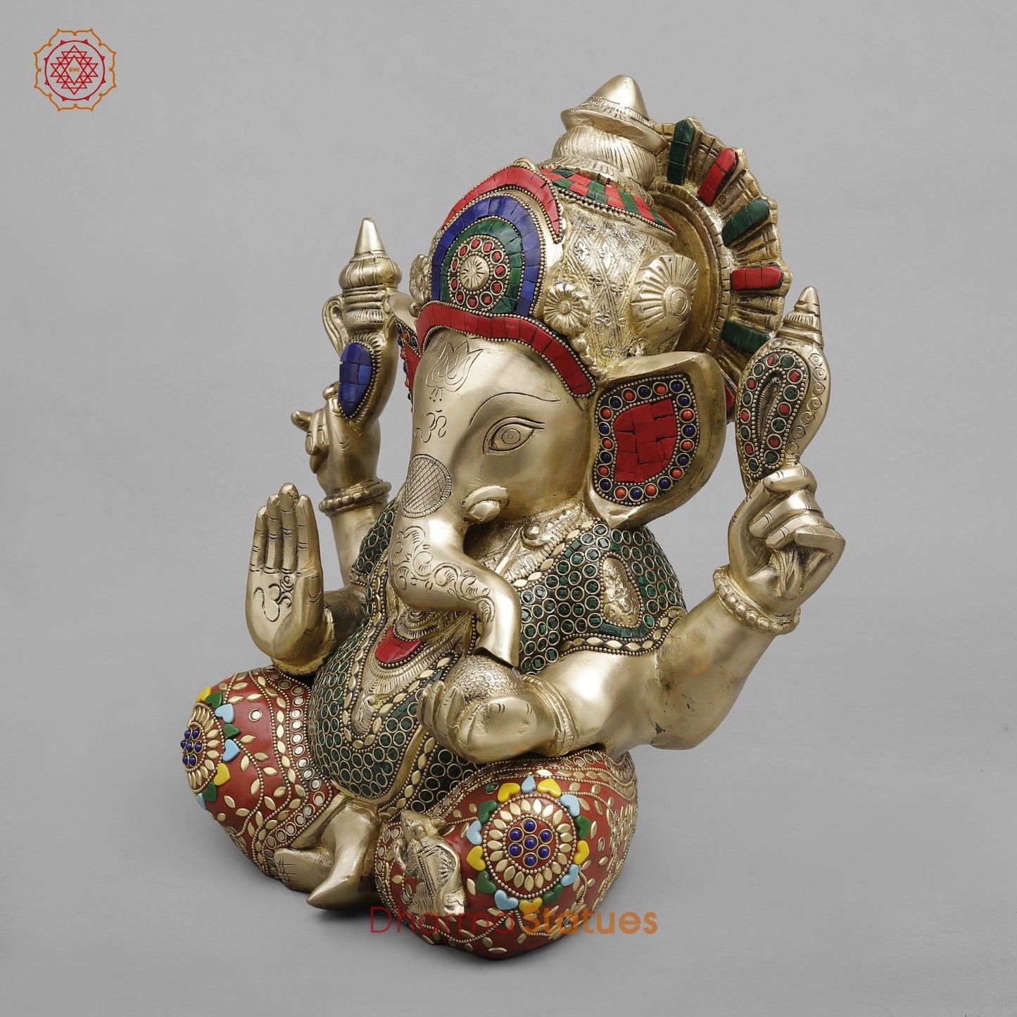 Brass Crown Ganesh, Stone work fine 14”
