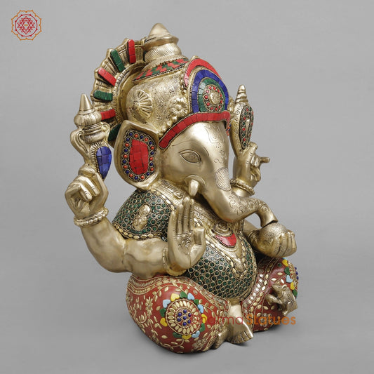 Brass Crown Ganesh, Stone work fine 14”