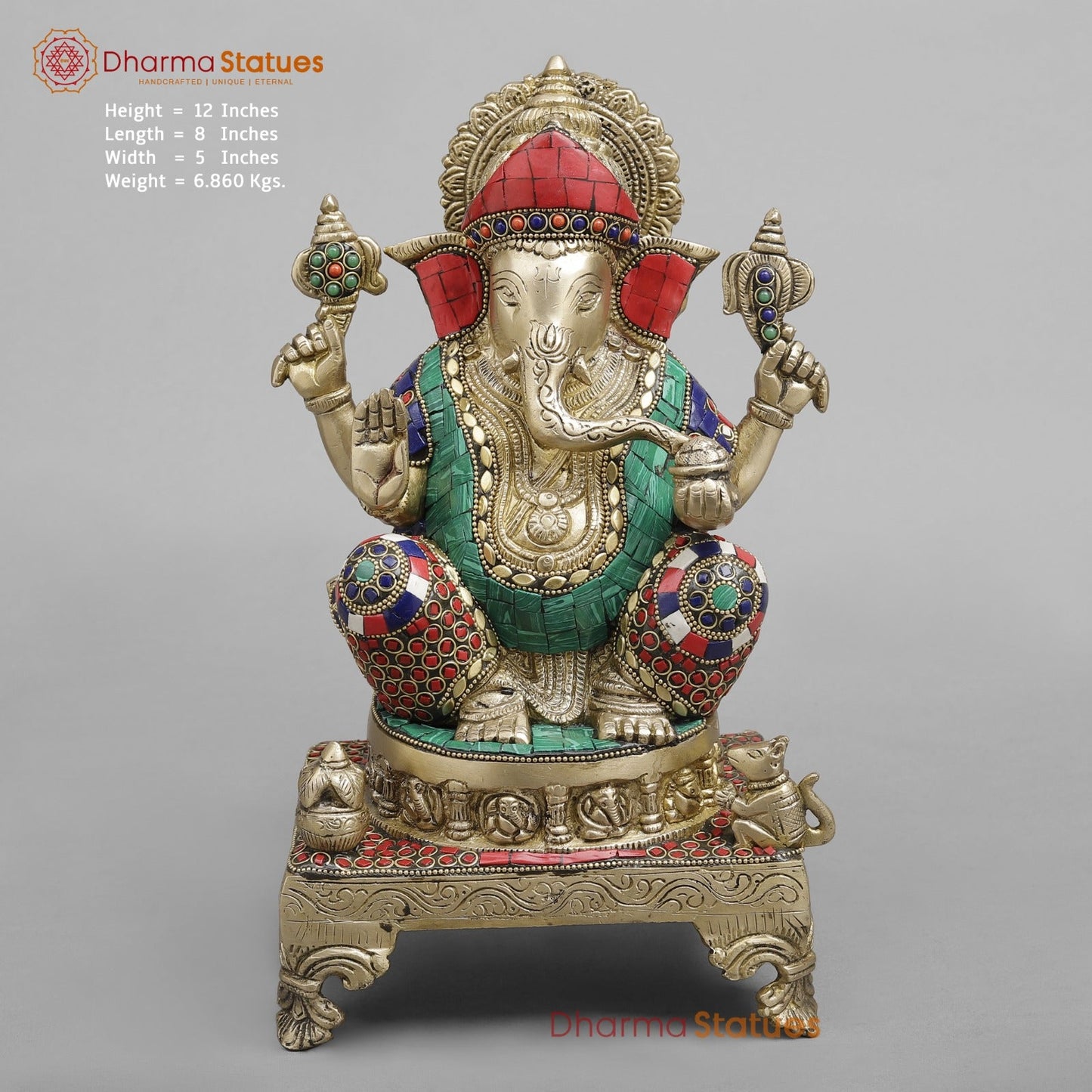 Brass Ganesh on chowki seated, Stone Work fine 12”