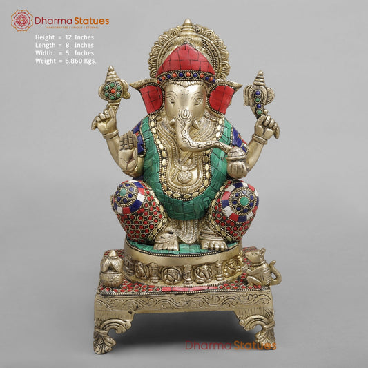 Brass Ganesh on chowki seated, Stone Work fine 12”