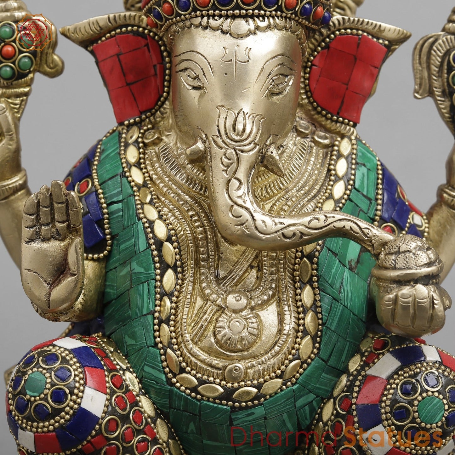 Brass Ganesh on chowki seated, Stone Work fine 12”