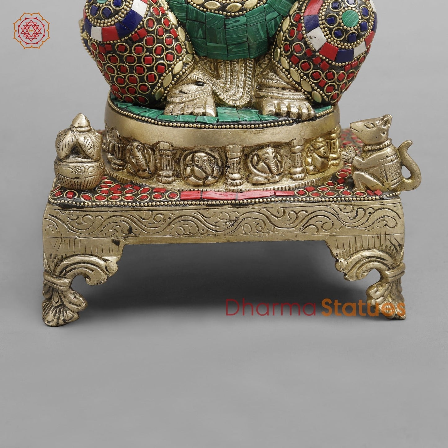 Brass Ganesh on chowki seated, Stone Work fine 12”