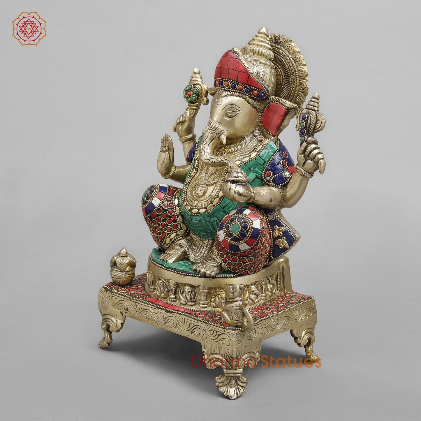 Brass Ganesh on chowki seated, Stone Work fine 12”