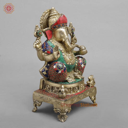 Brass Ganesh on chowki seated, Stone Work fine 12”