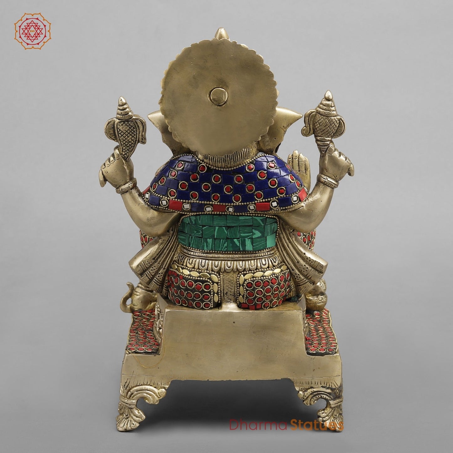 Brass Ganesh on chowki seated, Stone Work fine 12”