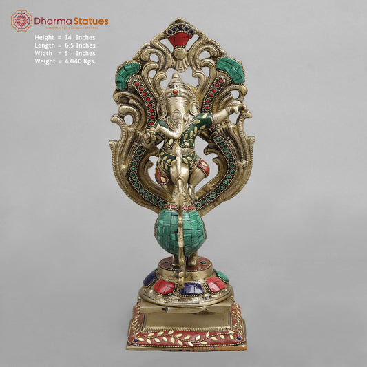 Brass Ganesh Seated On Peacock, Fine Stone work 14”