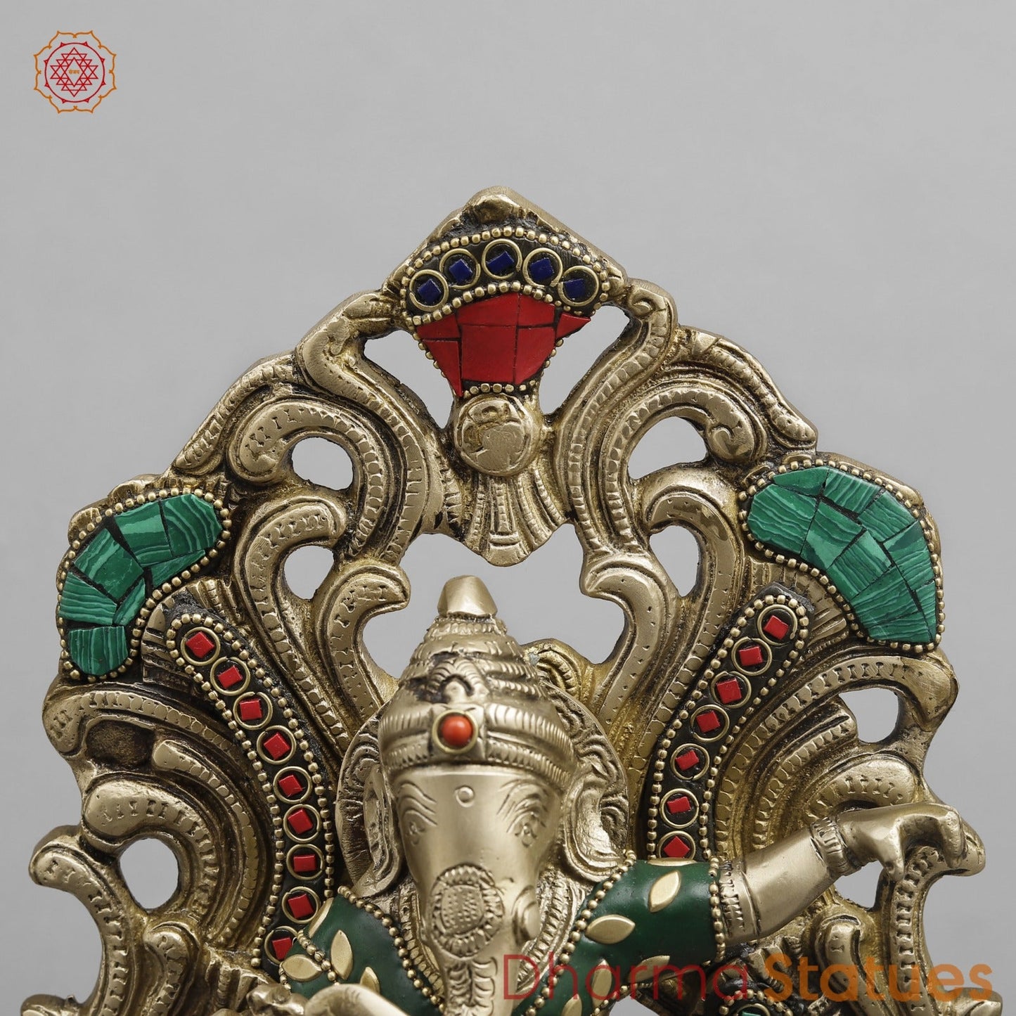 Brass Ganesh Seated On Peacock, Fine Stone work 14”
