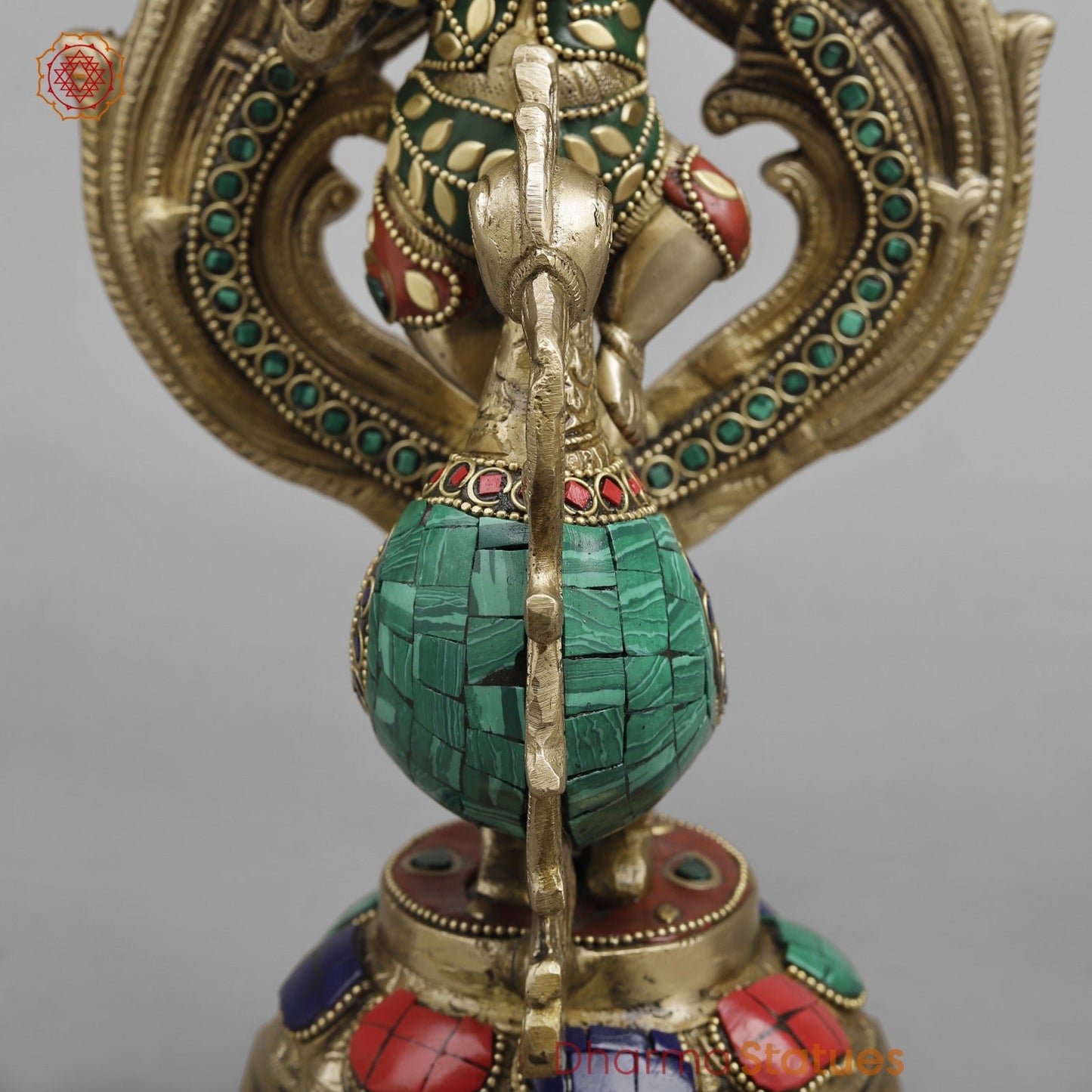 Brass Ganesh Seated On Peacock, Fine Stone work 14”