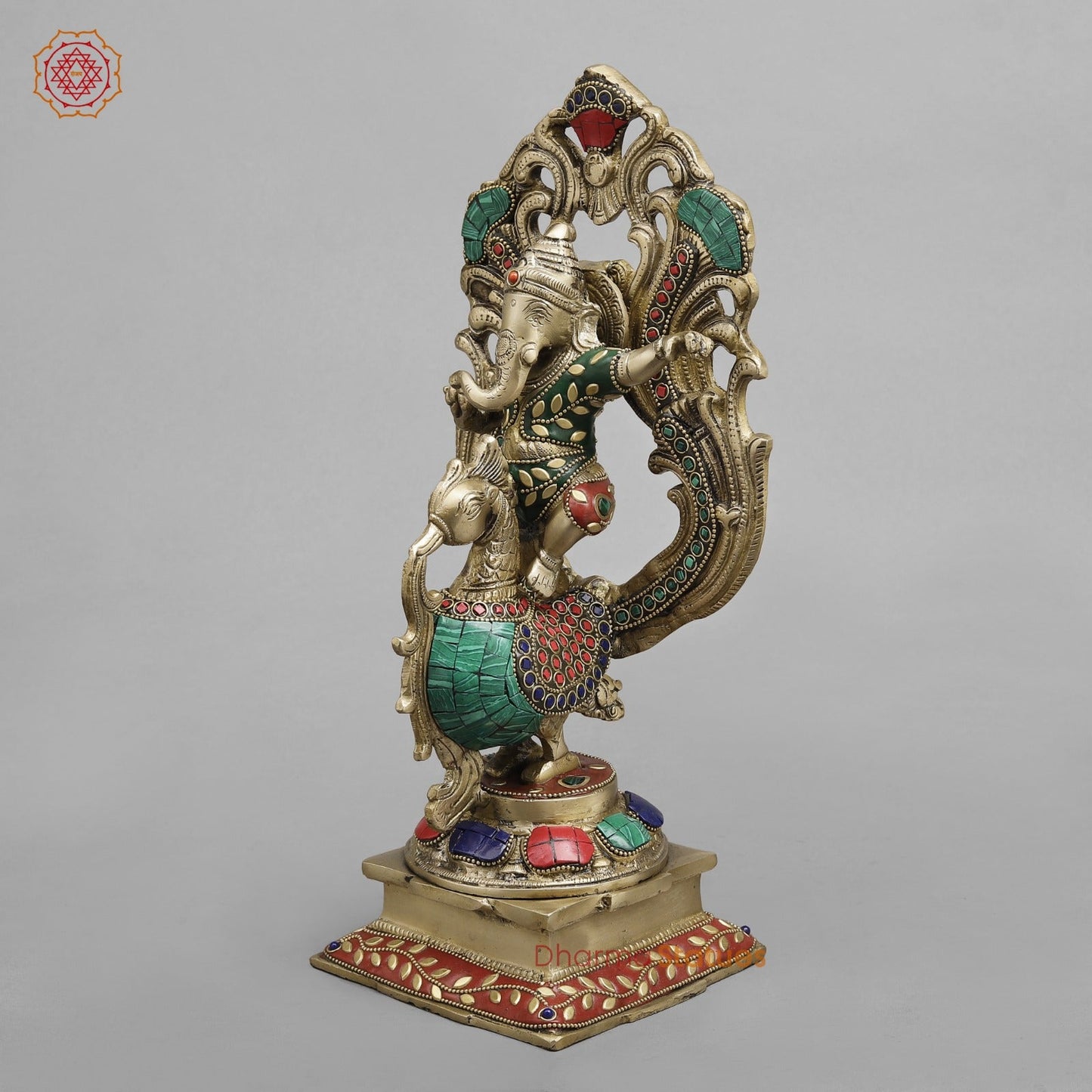 Brass Ganesh Seated On Peacock, Fine Stone work 14”