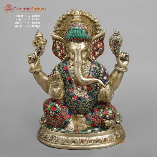 Brass Pooja Ganesh, Fine stone work 12”