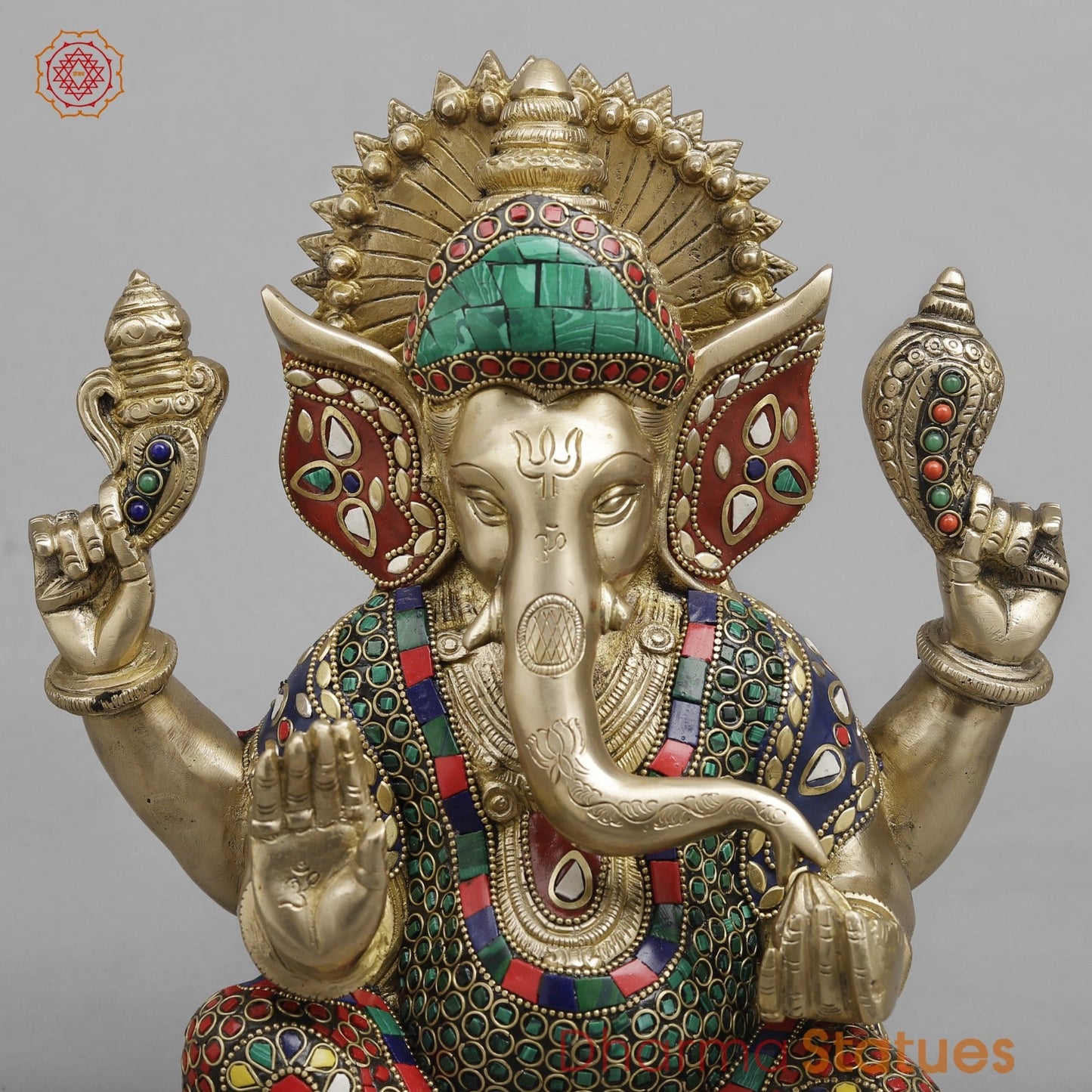 Brass Pooja Ganesh, Fine stone work 12”