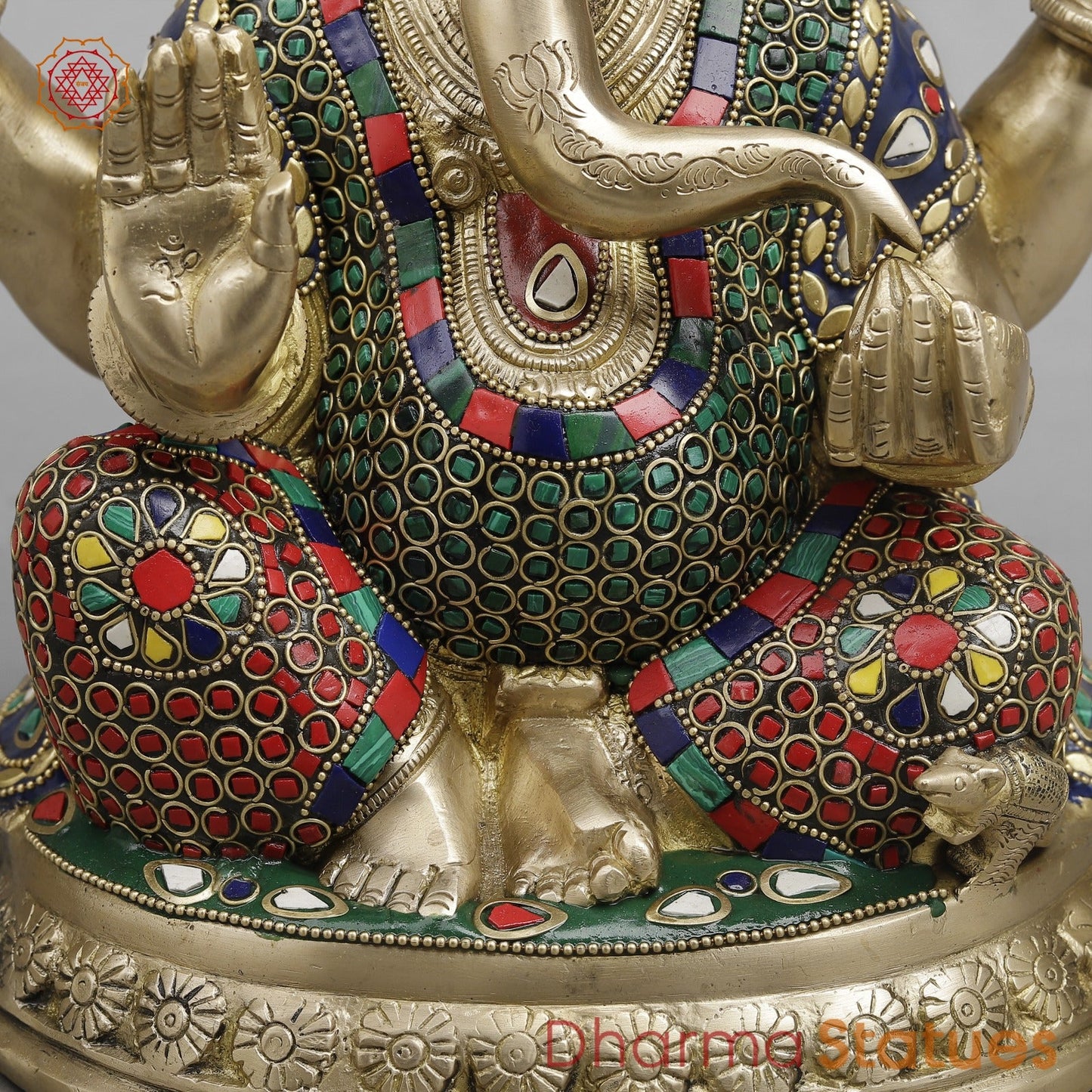 Brass Pooja Ganesh, Fine stone work 12”