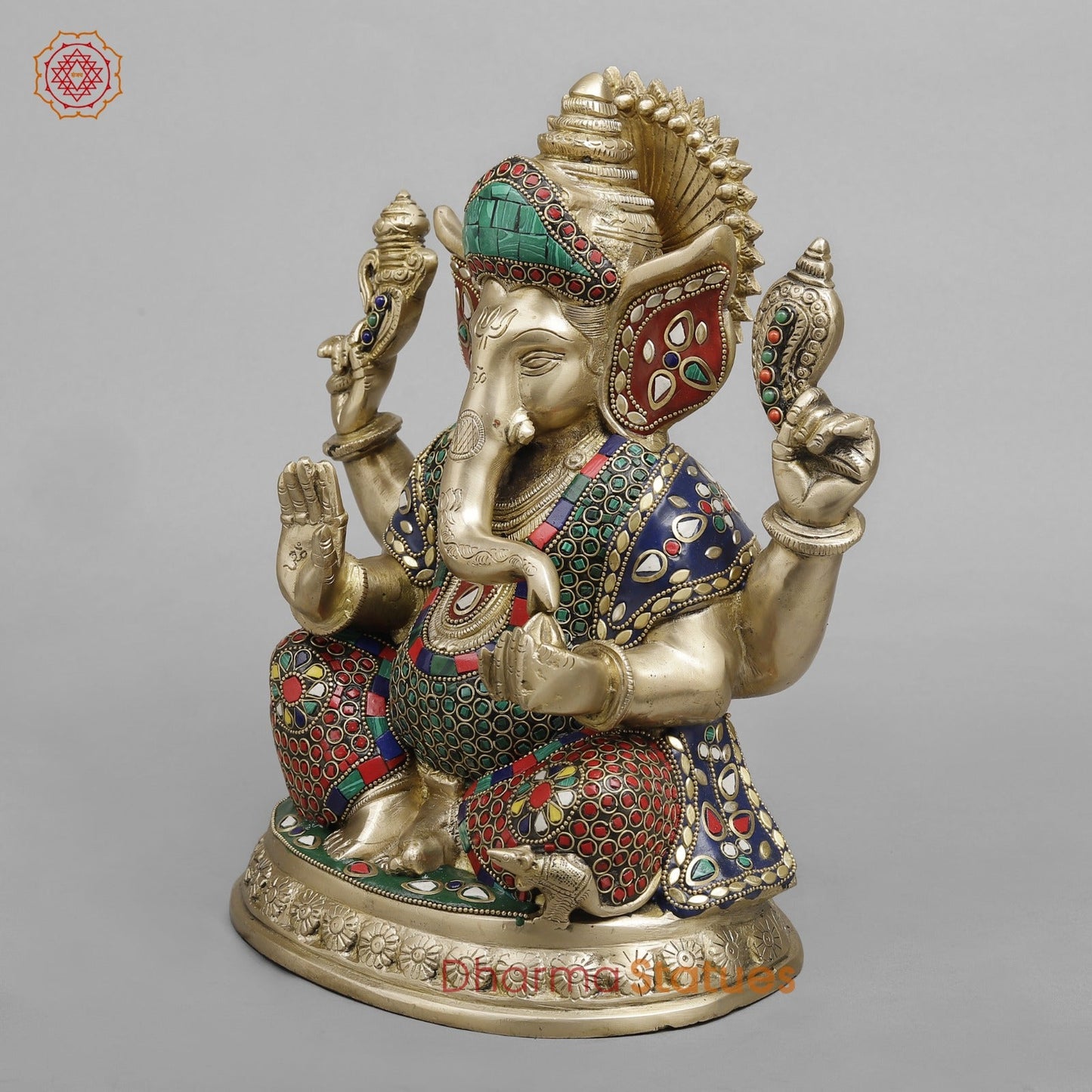 Brass Pooja Ganesh, Fine stone work 12”