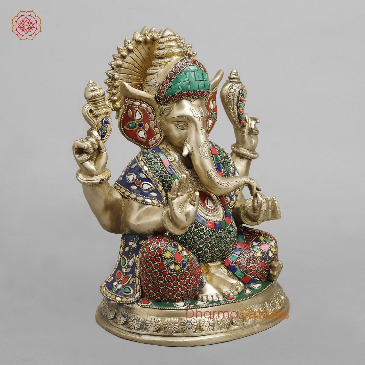 Brass Pooja Ganesh, Fine stone work 12”