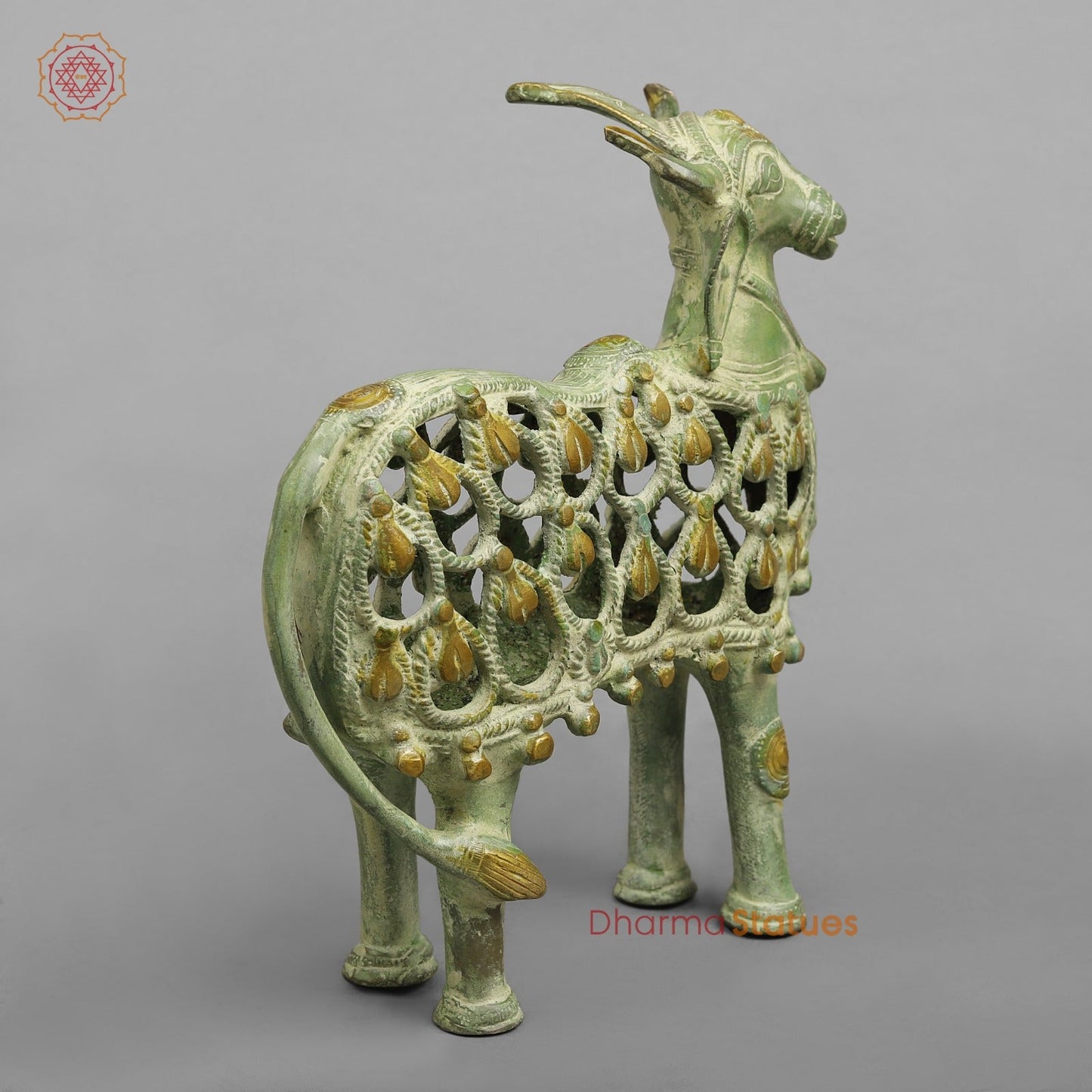 Brass Bastar Design Nandi Standing, Leaf Green Patina 8.5”