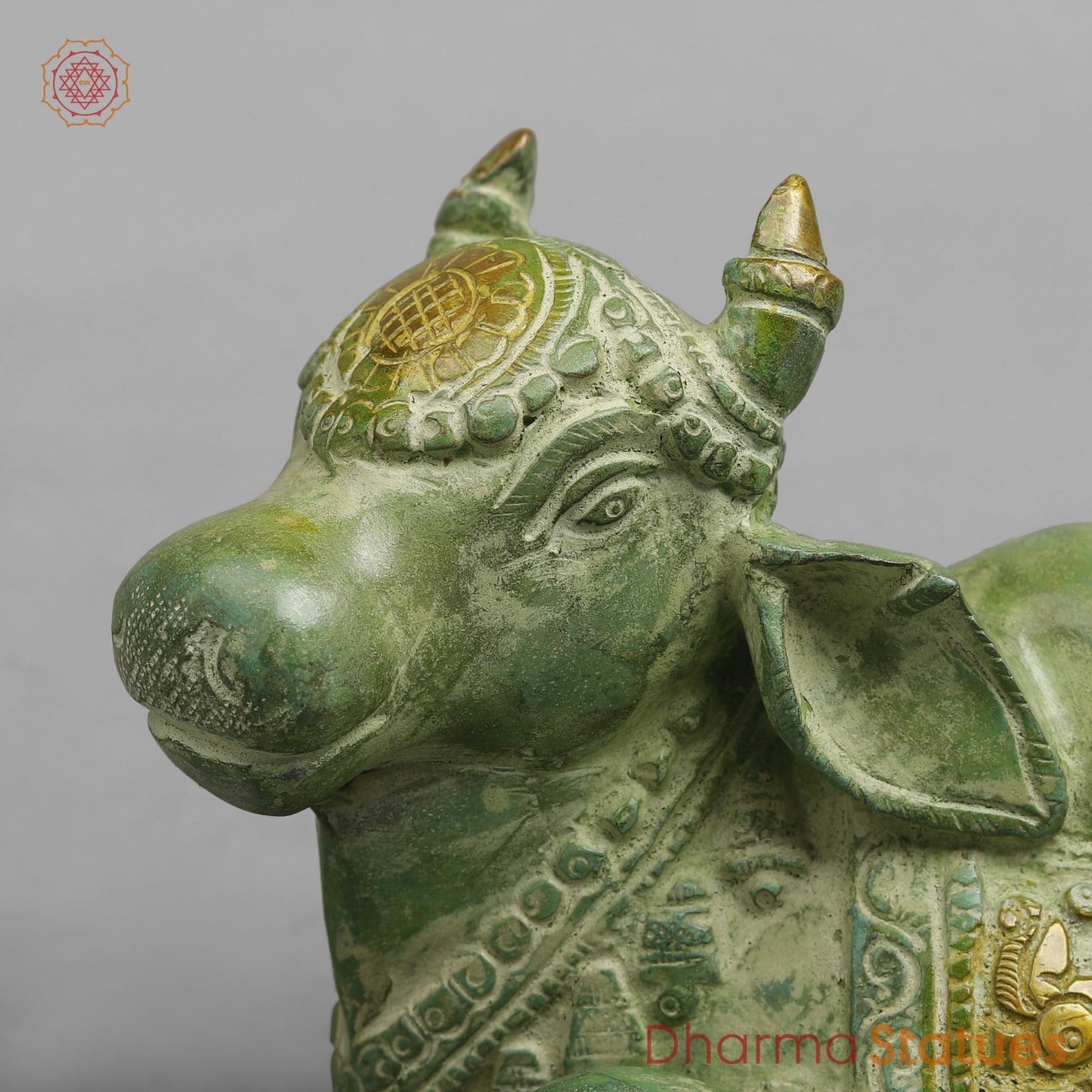 Brass Nandi seated Fine, Leaf Green Patina 8”