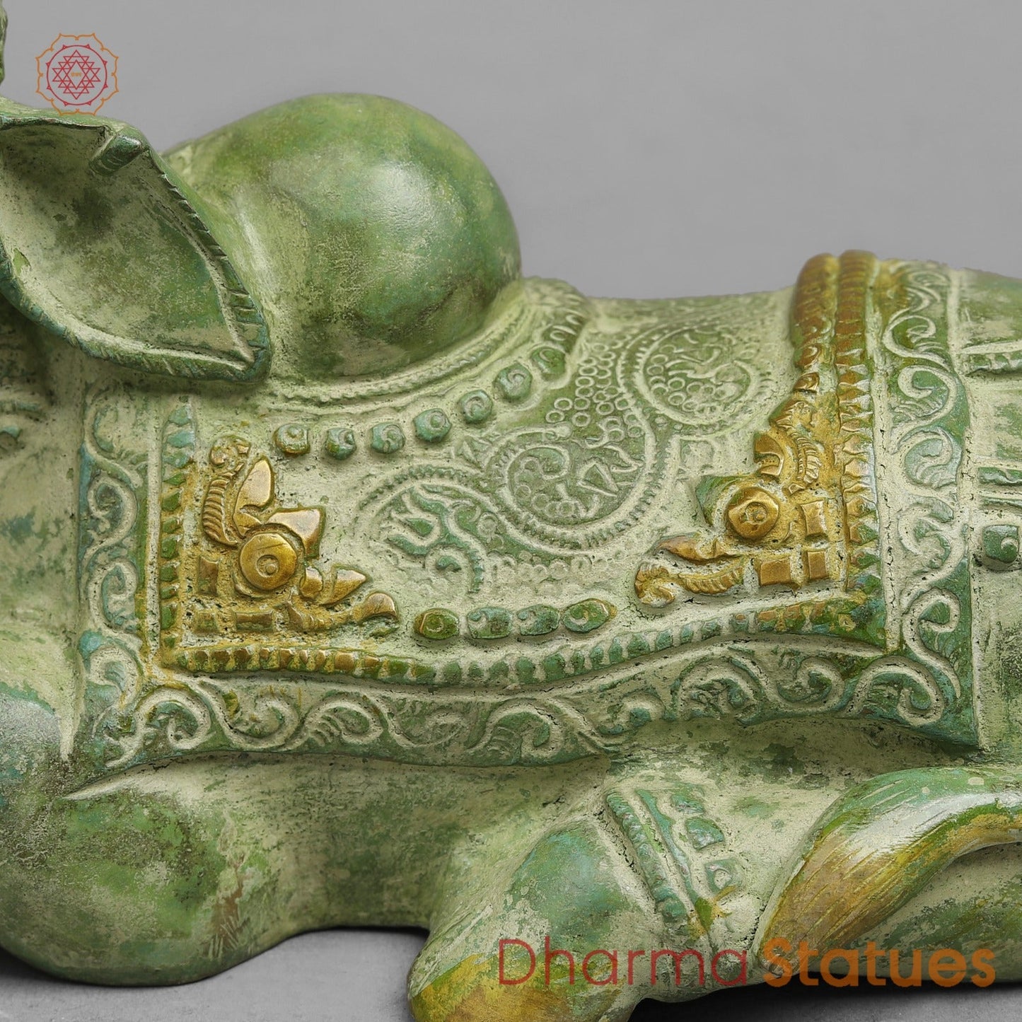 Brass Nandi seated Fine, Leaf Green Patina 8”