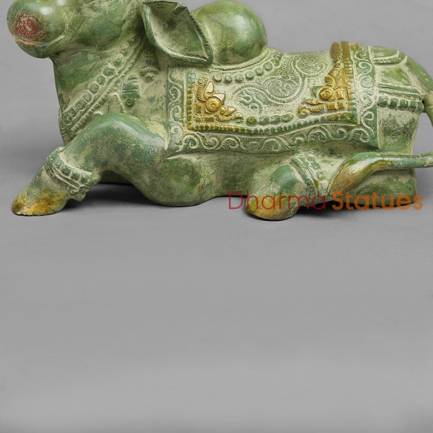 Brass Nandi seated Fine, Leaf Green Patina 8”