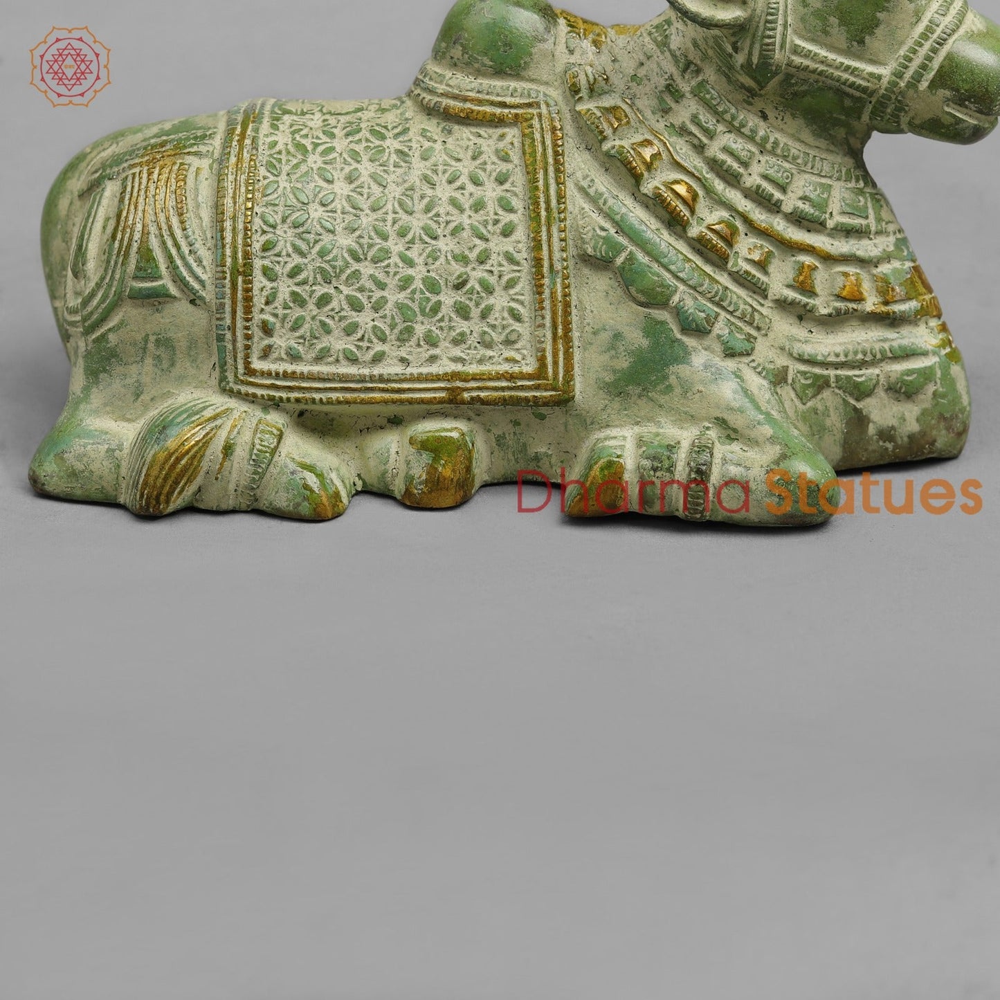 Brass Nandi seated Fine, Leaf Green Patina 7”