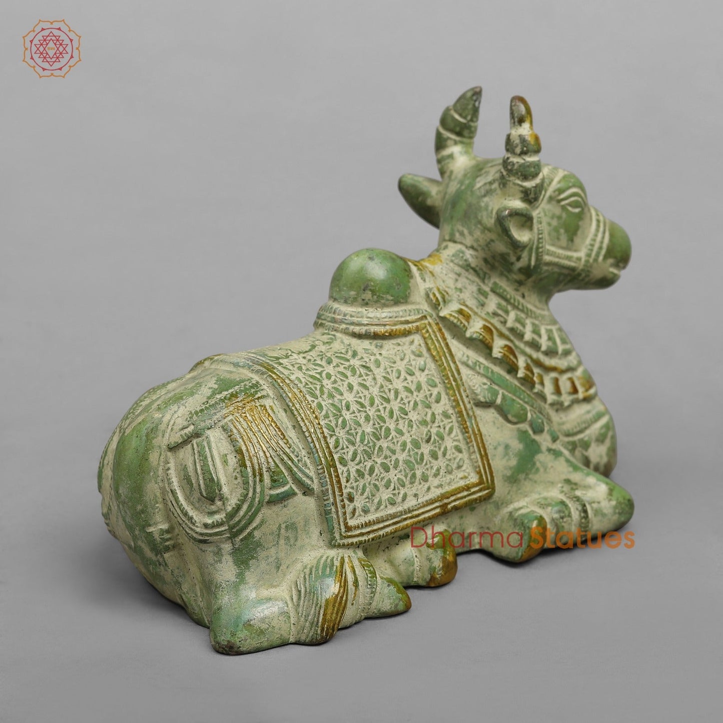 Brass Nandi seated Fine, Leaf Green Patina 7”