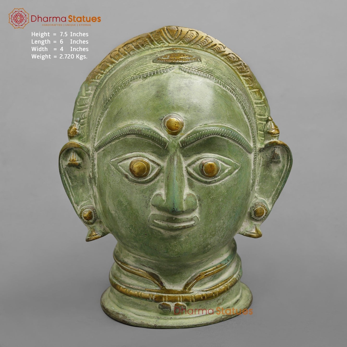 Brass Parwati Head Fine, Leaf Green Patina 7.5”