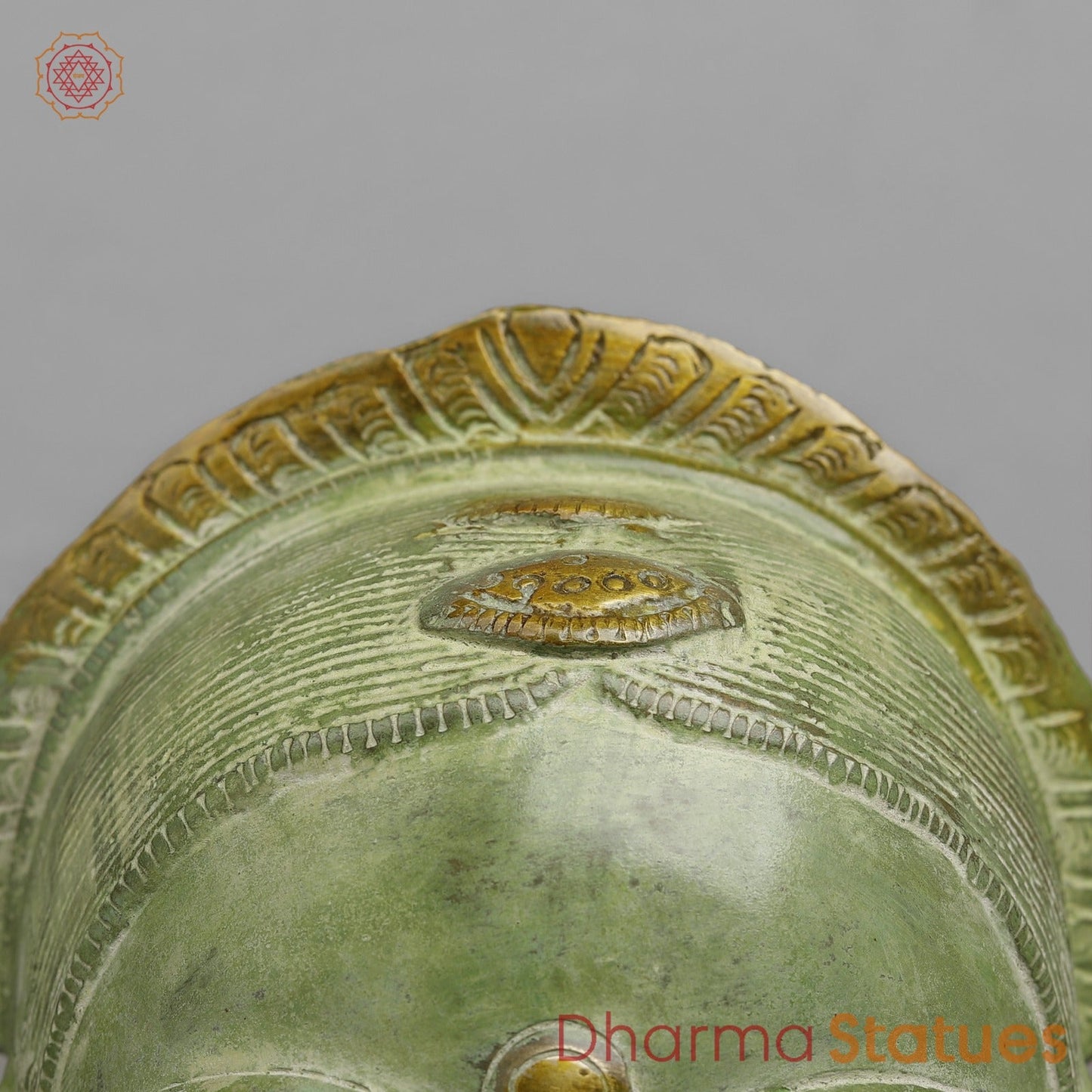 Brass Parwati Head Fine, Leaf Green Patina 7.5”