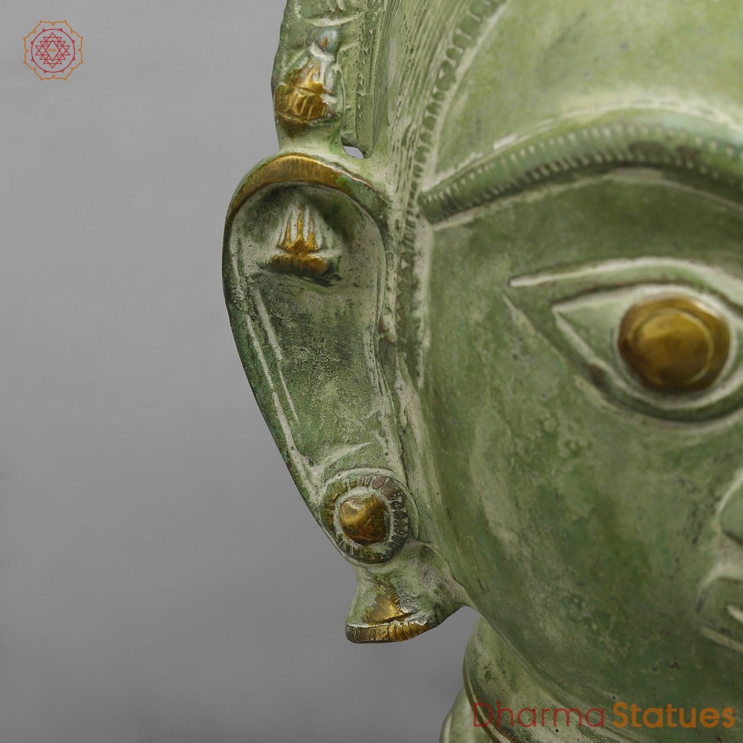 Brass Parwati Head Fine, Leaf Green Patina 7.5”