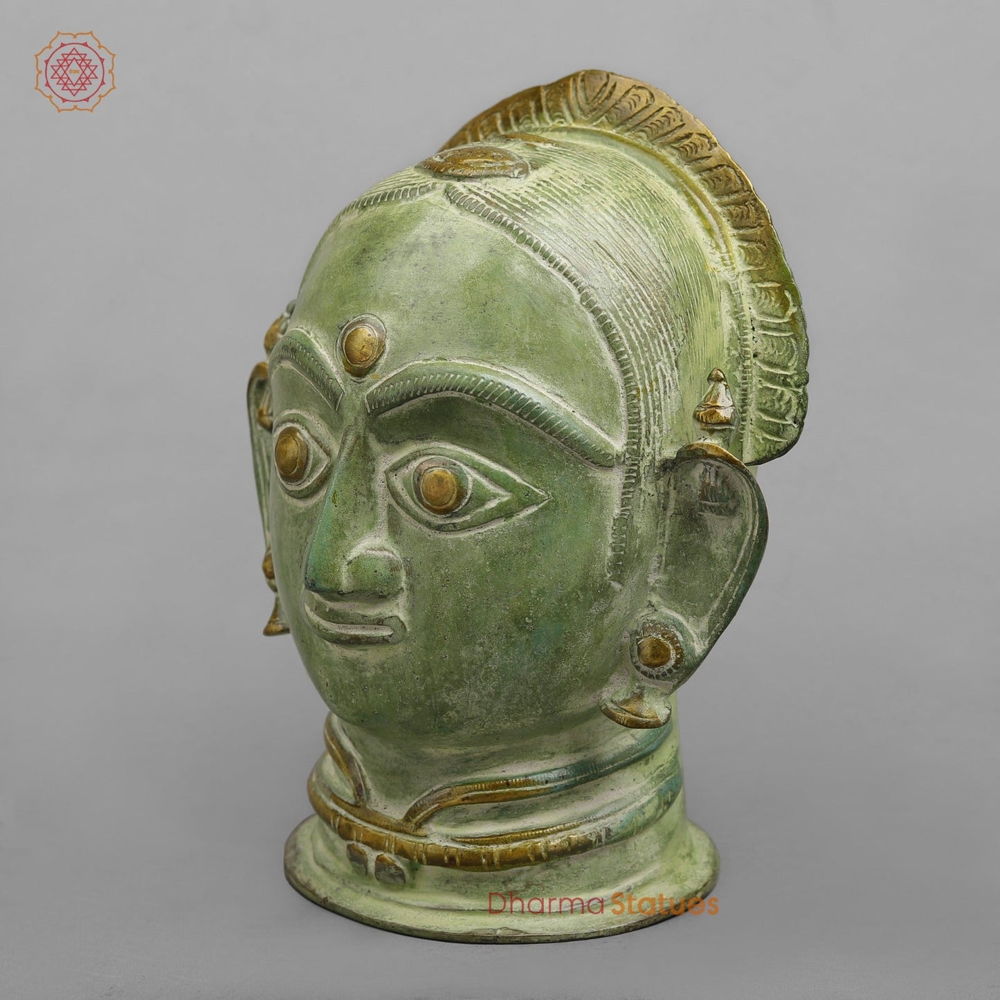 Brass Parwati Head Fine, Leaf Green Patina 7.5”