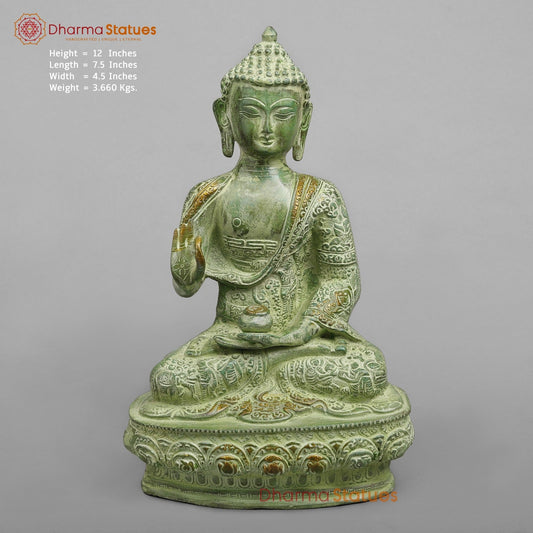 Brass Life Story Buddha, Leaf Green Patina 12”