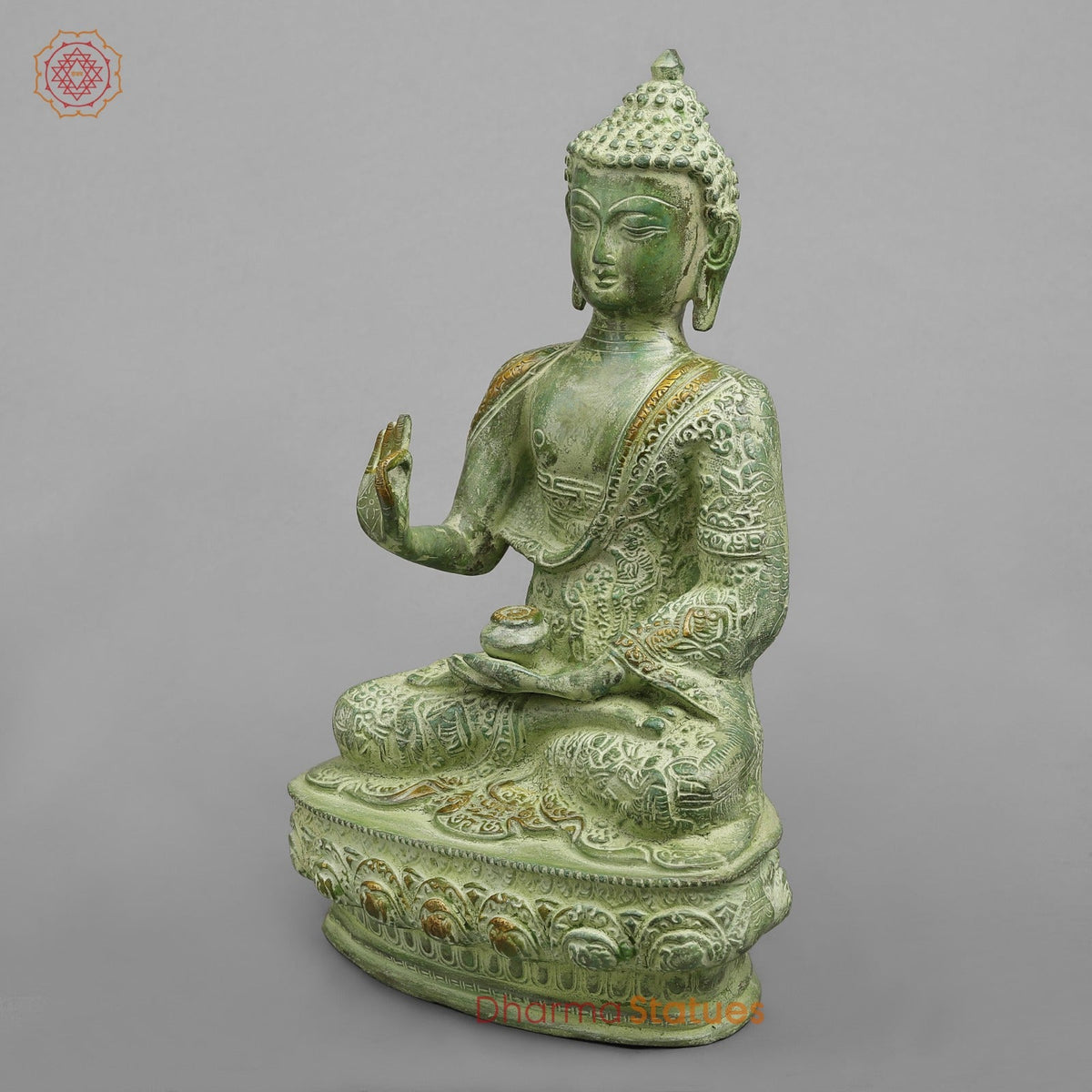 Brass Life Story Buddha, Leaf Green Patina 12”
