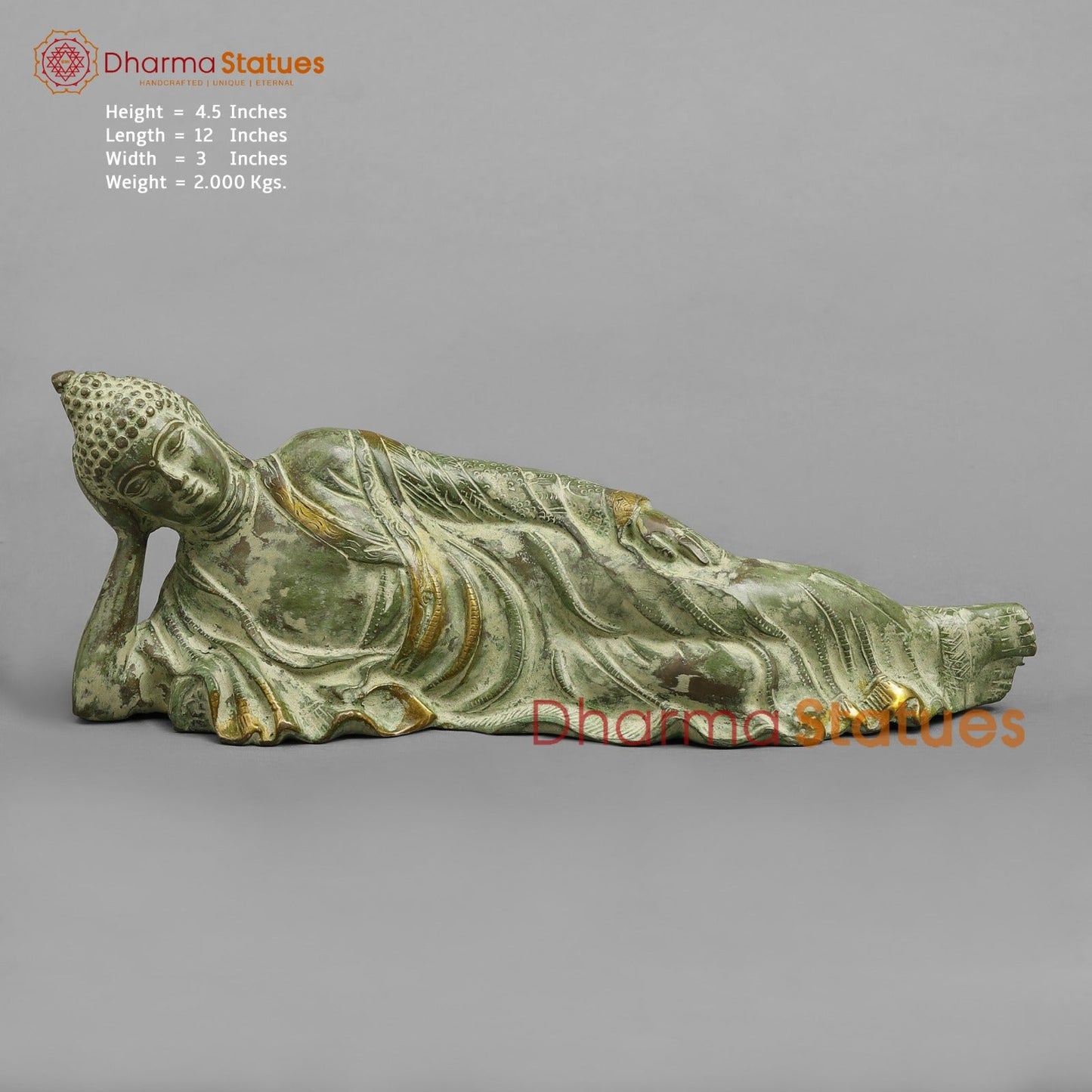 Brass Buddha Resting Fine, Leaf Green Patina 12”