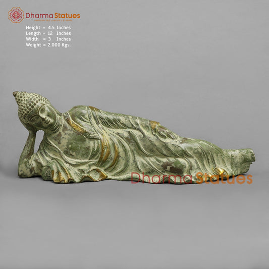 Brass Buddha Resting Fine, Leaf Green Patina 12”