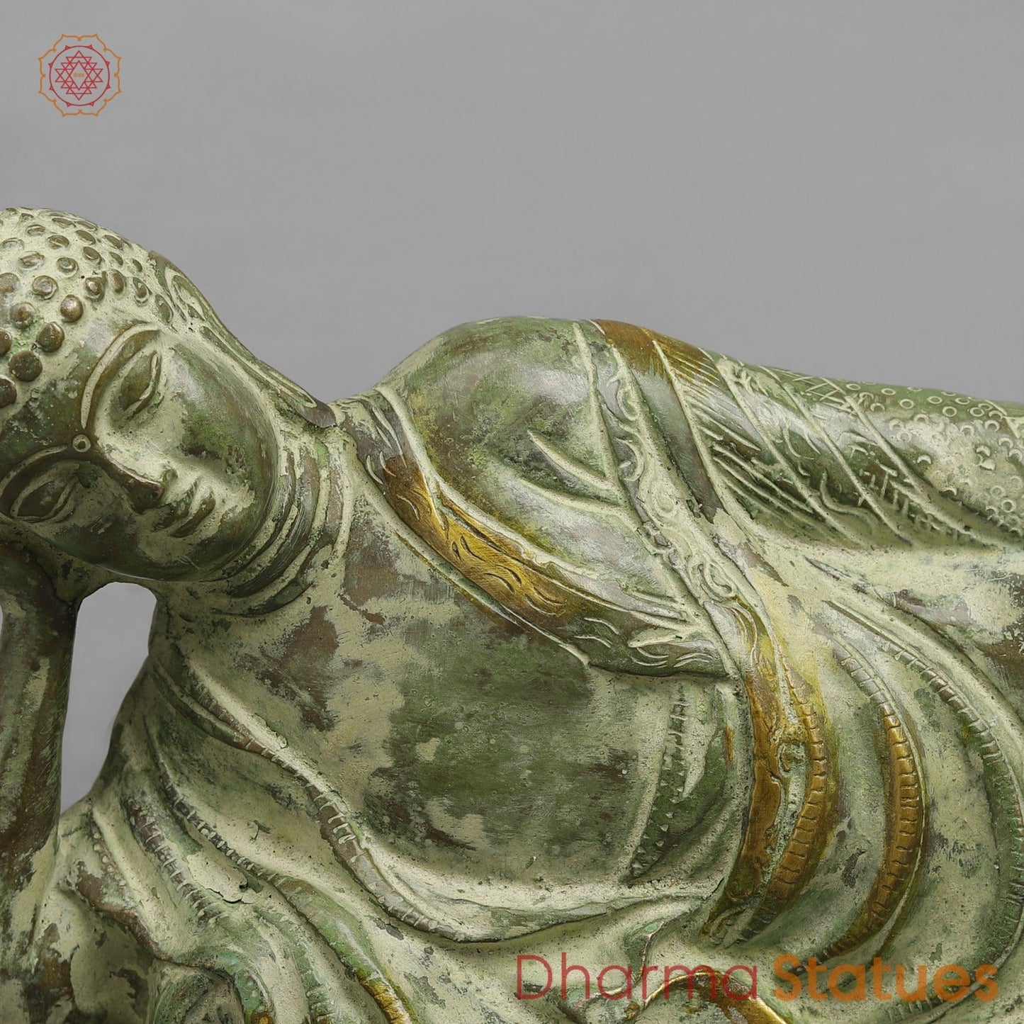 Brass Buddha Resting Fine, Leaf Green Patina 12”
