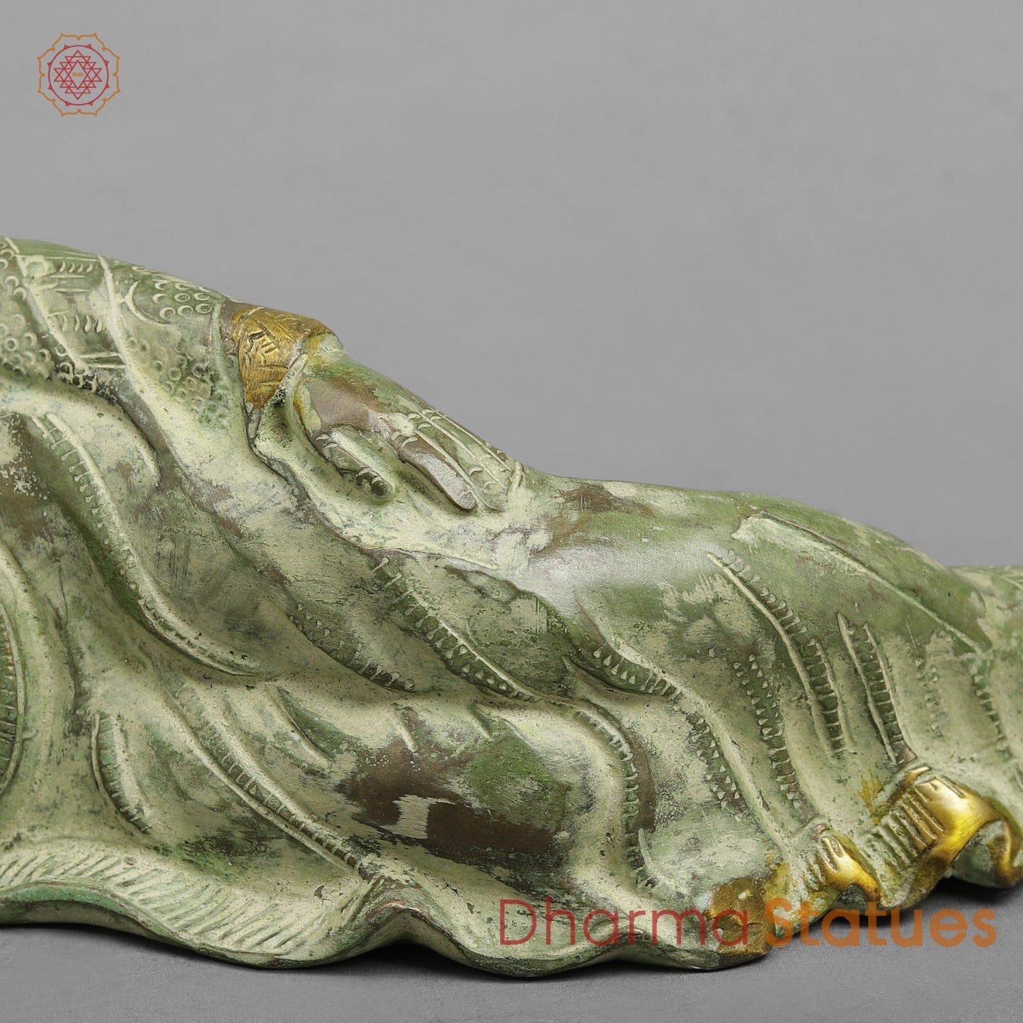Brass Buddha Resting Fine, Leaf Green Patina 12”