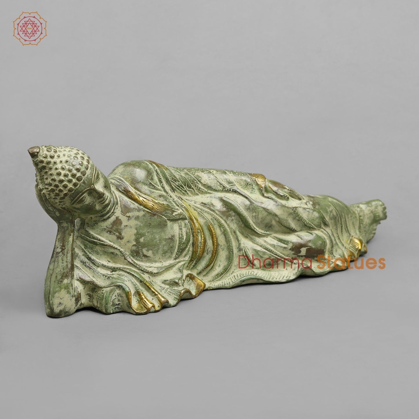 Brass Buddha Resting Fine, Leaf Green Patina 12”
